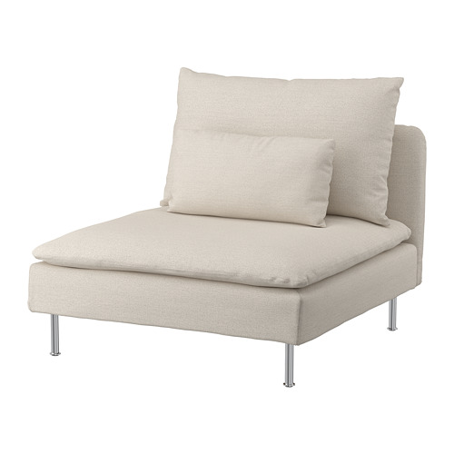 Un sillón SÖDERHAMN blanco roto con funda desenfundable en color beige gunnared, de diseño moderno y cómodos cojines con patas cromadas.