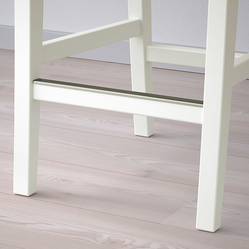 Taburete de bar de madera blanca con reposapiés metálico sobre suelo de madera clara. Diseño robusto y elegante.
