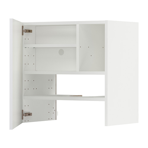 Moderno mueble de cocina blanco con dos estantes, bisagras metálicas y estante ajustable, opción de puerta a la izquierda.