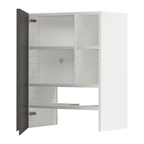 Un mueble de cocina METOD blanco con puertas grises, con estante ajustable y bisagras a presión.