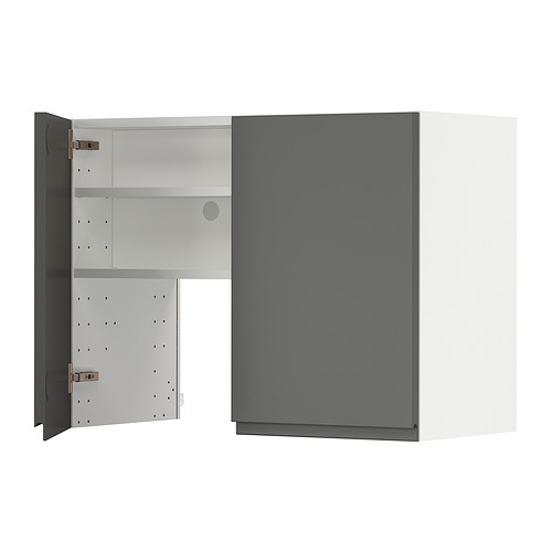 Un mueble de cocina METOD gris con un diseño moderno. Es una puerta de color gris oscuro con un interior blanco, estantes ajustables y una construcción robusta.