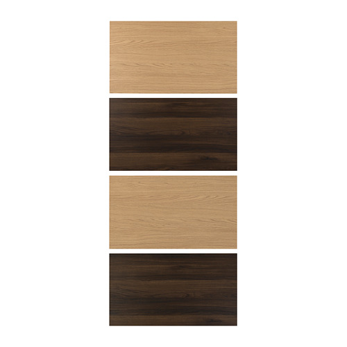 Cuatro paneles rectangulares de madera en dos tonos: beige claro y marrón oscuro, alineados verticalmente.