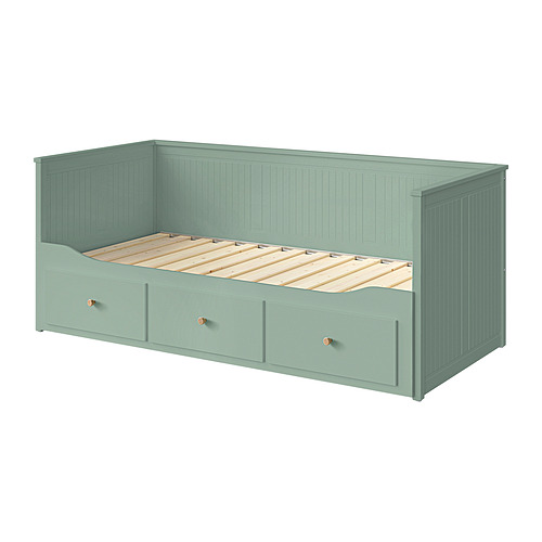 Sofá cama HEMNES, gris verdoso, estructura de madera, cajones de almacenaje, superficie lacada.