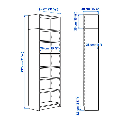Measurement Illustration - BILLY bookcase with height extension unit