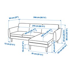 Ilustración de medidas - SMEDSTORP sofá 3 plazas con chaiselongue