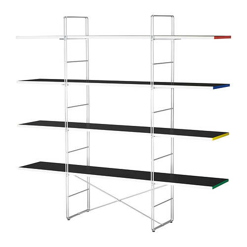 BYAKORRE: estructura de metal cromado, estantes negros, puntas multicolores; Estantería moderna y ajustable.