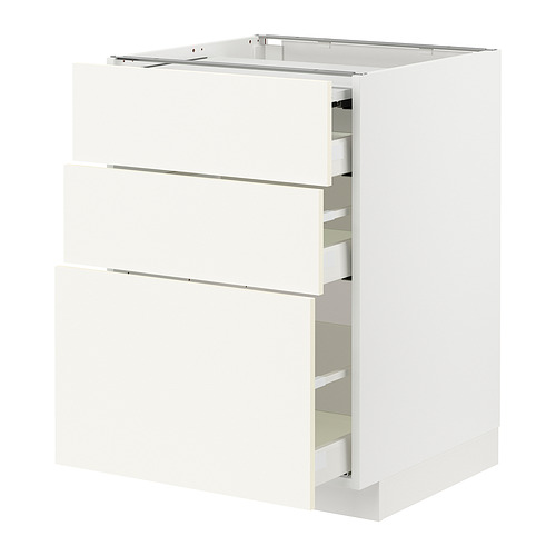 Mueble de cocina METOD blanco con tres cajones, diseño moderno, tablero de partículas de alta densidad y guías de acero.