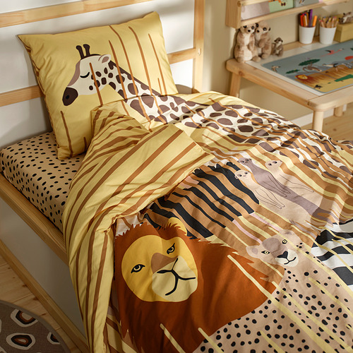 Edredón SANDLÖPARE para niños, amarillo, mezcla de algodón, cebra, jirafa, estampado de león, cubrecama grande.