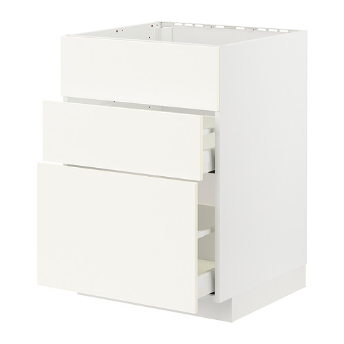 Mueble de cocina METOD, blanco, armario bajo de tres cajones, diseño moderno y elegante.