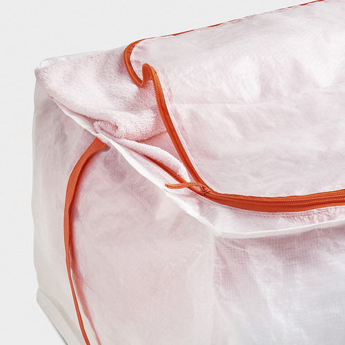 Una bolsa de almacenamiento grande y transparente con cremallera y asas naranjas, ideal para guardar artículos de temporada.