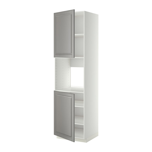 Un mueble de cocina METOD blanco con puertas bodbyn grises y estantes ajustables.