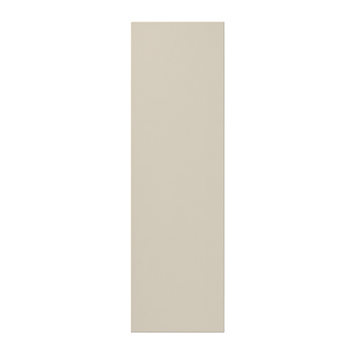 Una puerta de armario HAVSTORP beige de líneas suaves y modernas, hecha de pintura acrílica y tableros de fibra.