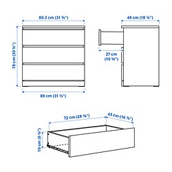 Ilustración de medidas - MALM Cómoda de 3 cajones