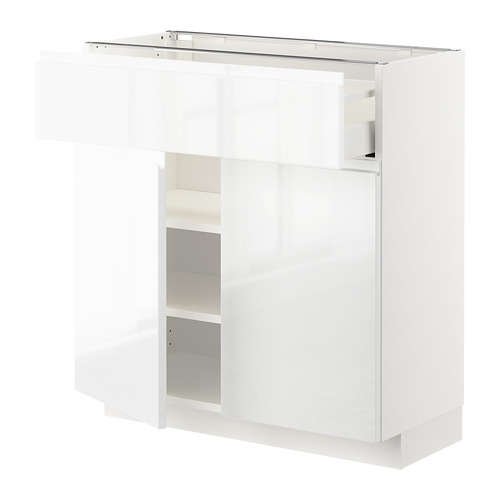 Mueble de cocina METOD blanco de alto brillo. Diseño delgado y moderno con asas elegantes. Incluye estantes y cajones.