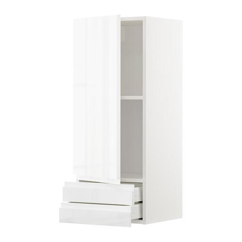 Mueble de pared METOD. Diseño blanco, moderno, de alto brillo. Incluye estantes y cajones, soporte para puerta derecha o izquierda.