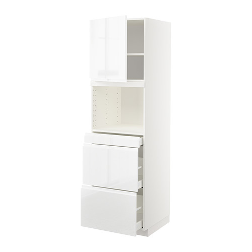 Mueble de cocina METOD de Ikea en blanco alto brillo con cajones y estantes.