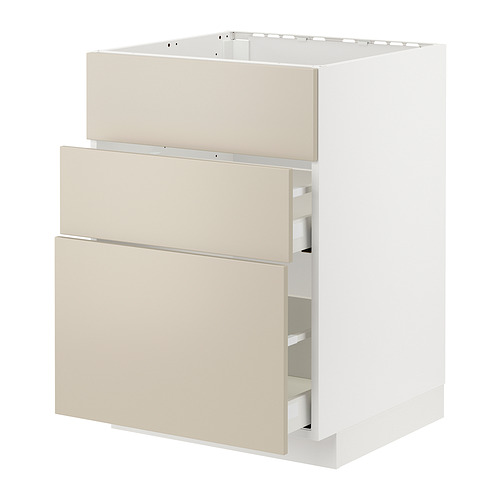 Moderno mueble de cocina blanco con cajones beige, diseño elegante y minimalista.