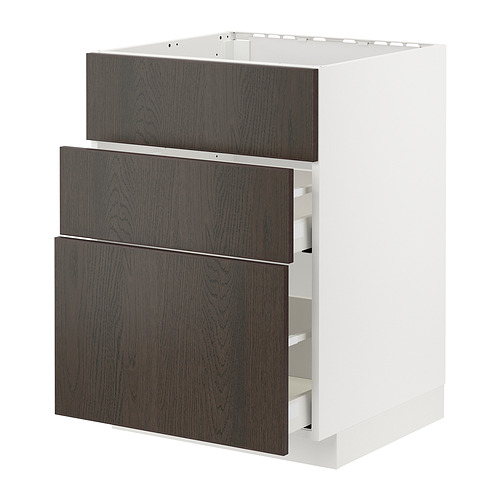 Mueble de cocina moderno: METOD, blanco y marrón oscuro, 3 cajones, detalles en madera.