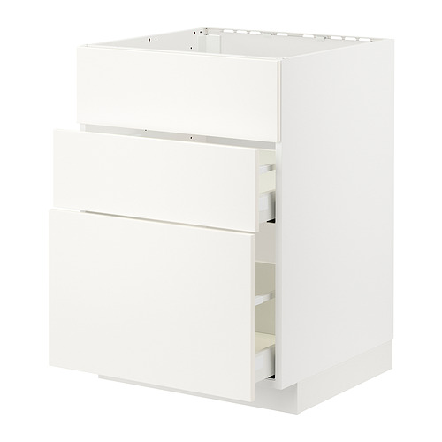 Esta imagen muestra un mueble de cocina METOD en color blanco. El armario de tres cajones con un diseño liso y moderno.