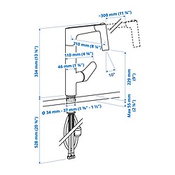 Ilustración de medidas - MAJSJÖN grifo cocina extraíble con rociador