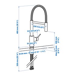 Ilustración de medidas - SALLSJÖN grifo cocina fijo con rociador
