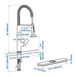 Measurement Illustration - MAJSJÖN pull down kitchen faucet with spray