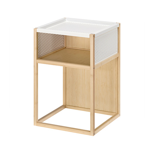 Mesa auxiliar GILLERSBERG, blanca, bambú y acero, cuadrada, diseño minimalista.