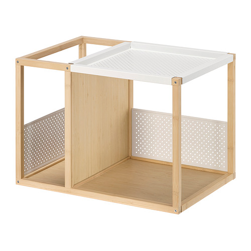 GILLERSBERG: mesa compacta y ligera con estructura de bambú, superficie de acero blanco, paneles ajustables, ideal para espacios pequeños.