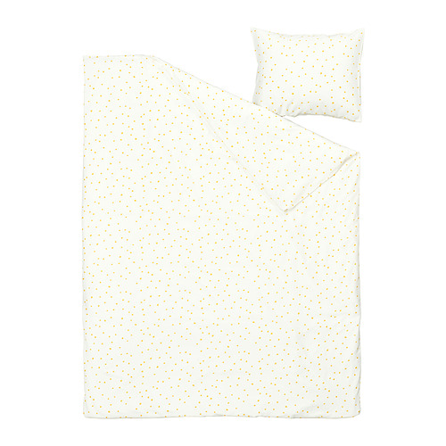 La imagen muestra un juego de cama blanco con lunares amarillos, que incluye un edredón y una funda de almohada.