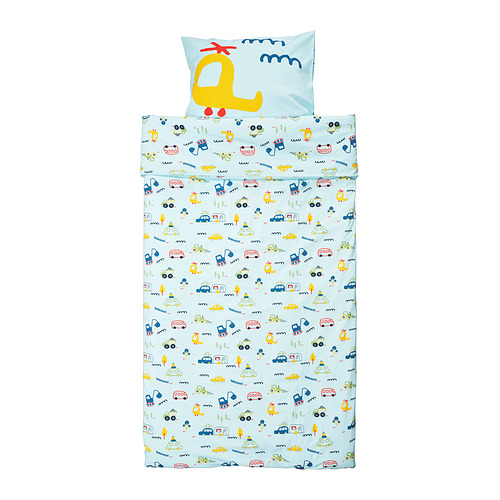 Alt: ropa de cama BARNDRÖM para niños, estampados de vehículos azul claro, edredón de algodón y funda de almohada.