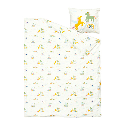 Ropa de cama BARNDRÖM: unicornios arcoíris, 100% algodón, con edredón y funda de almohada.