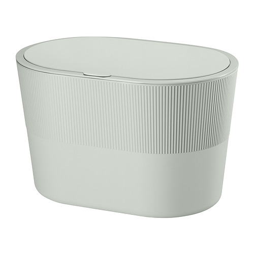 KINNASJÖ: cubo de basura de plástico reciclado ovalado, de color verde claro, con diseño acanalado y tapa.