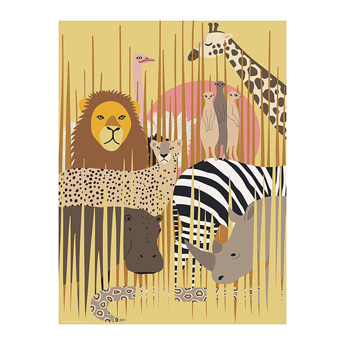 Póster de SANDLÖPARE: escena de sabana amarilla brillante con siluetas de león, guepardo, cebra, jirafa e hipopótamo.