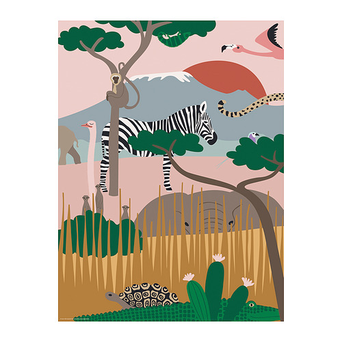 Póster ilustrado de la sabana, con cebra, mono, suricatos, flamencos, guepardos y cocodrilos.
