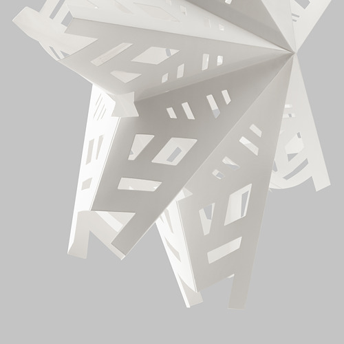 Lámpara geométrica abstracta con paneles blancos intrincadamente cortados, que exudan elegancia moderna.