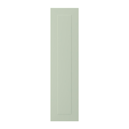 Una puerta de armario alta, verde y rectangular con un diseño de panel ranurado.