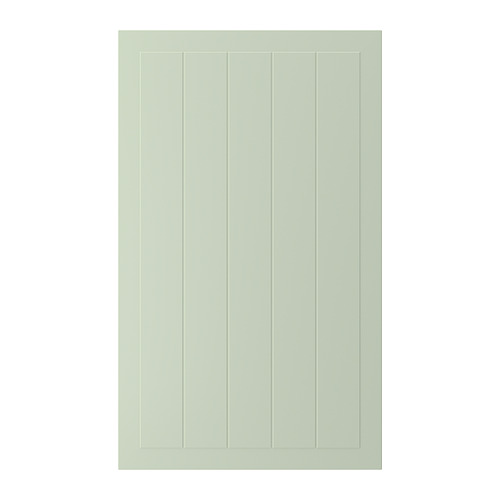 Una puerta de armario STENSUND verde con ranuras verticales y un acabado liso.