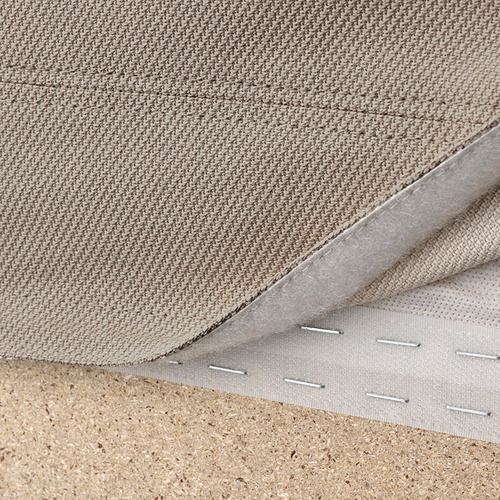 Primer plano del sofá seccional VIMLE, con funda de tela hallarp extraíble y lavable a máquina con cierres metálicos.