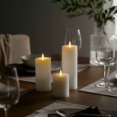 SILVERMÅS, LED pillar candle, set of 3. 2 of 3 open dialog