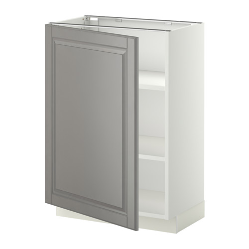 Mueble de cocina blanco y gris con una sola puerta, estantes ajustables y bordes biselados.