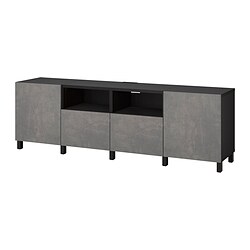 BESTÅ, TV bench with doors and drawers, Black-brown / Kallviken concrete effect