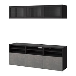 BESTÅ, TV storage combination/glass doors, Black-brown / Kallviken dark grey-Sindvik clear glass