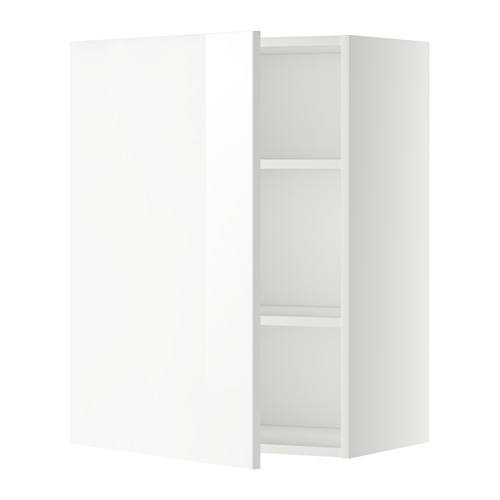 Mueble de cocina esquinero METOD blanco con puertas y estantes brillantes.