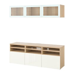 BESTÅ, TV storage combination/glass doors, Selsviken high gloss / Glassik light green clear glass