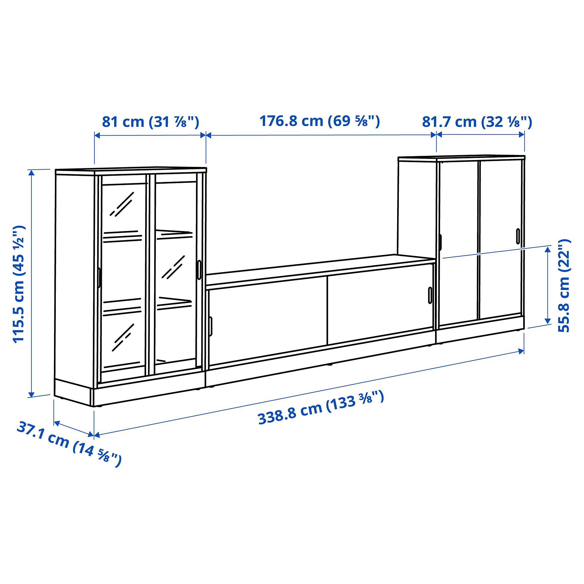 Measurement Illustration - TONSTAD TV storage combo with sliding doors