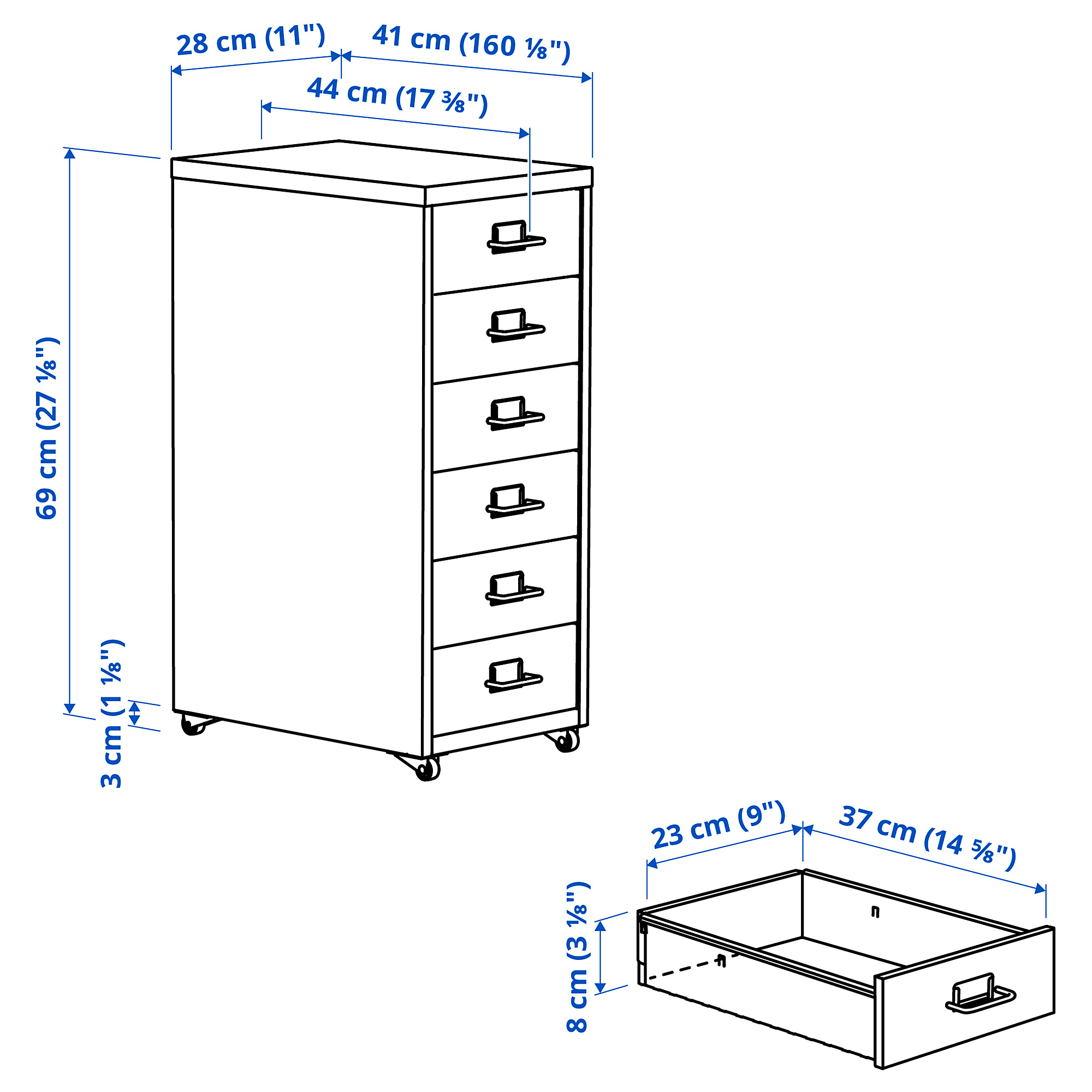 Measurement Illustration - HELMER drawer unit on casters