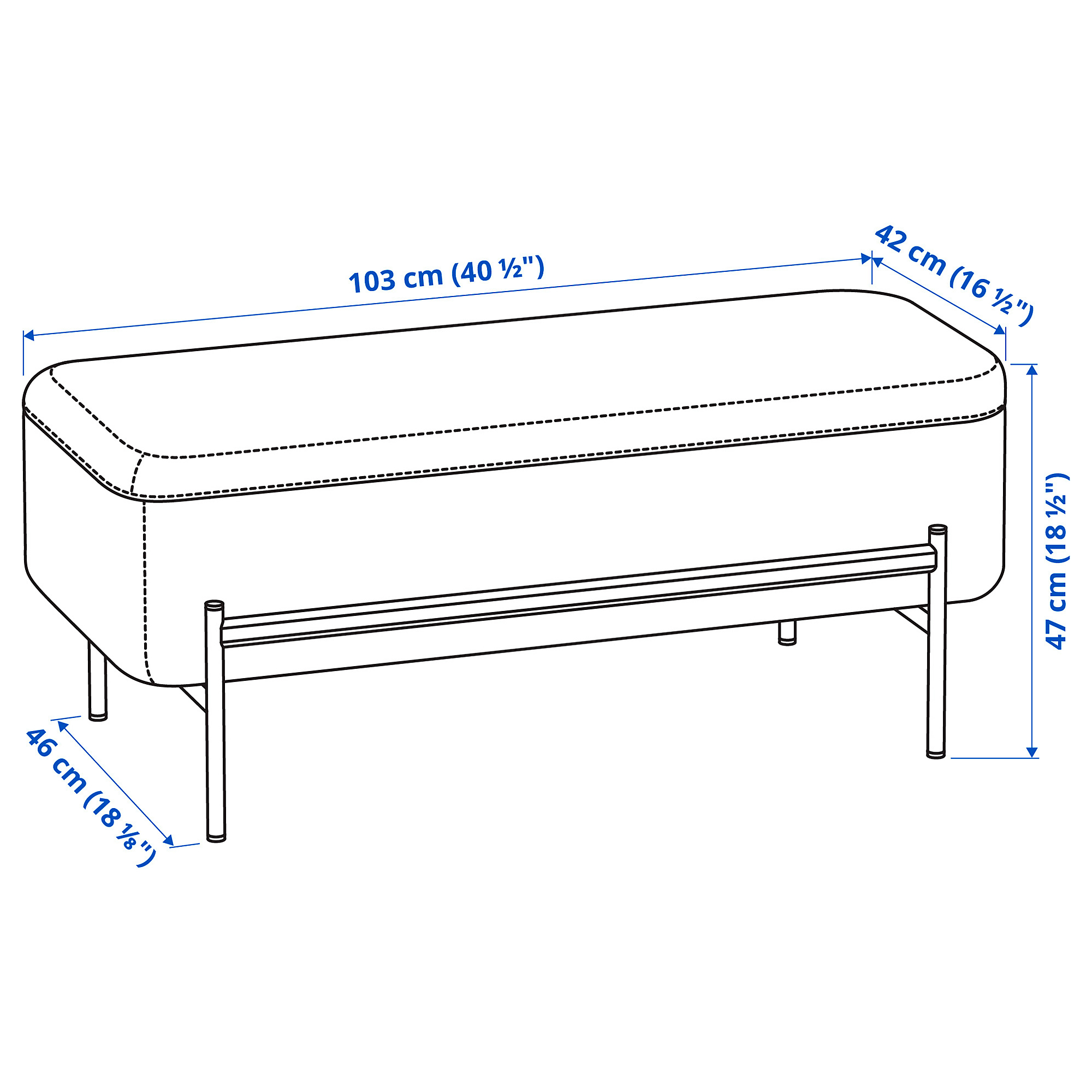 Ilustración de medidas - VALTORP banco con almacenaje