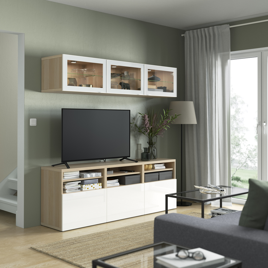 BESTÅ, mueble TV con riel para cajón, apertura presión. 3 de 11 abrir diálogo