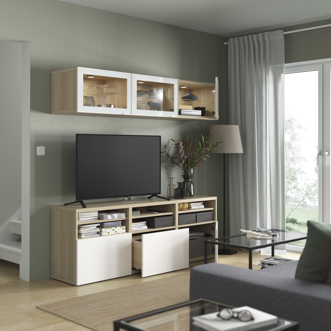 BESTÅ, mueble TV con riel para cajón, apertura presión. 2 de 11 abrir diálogo