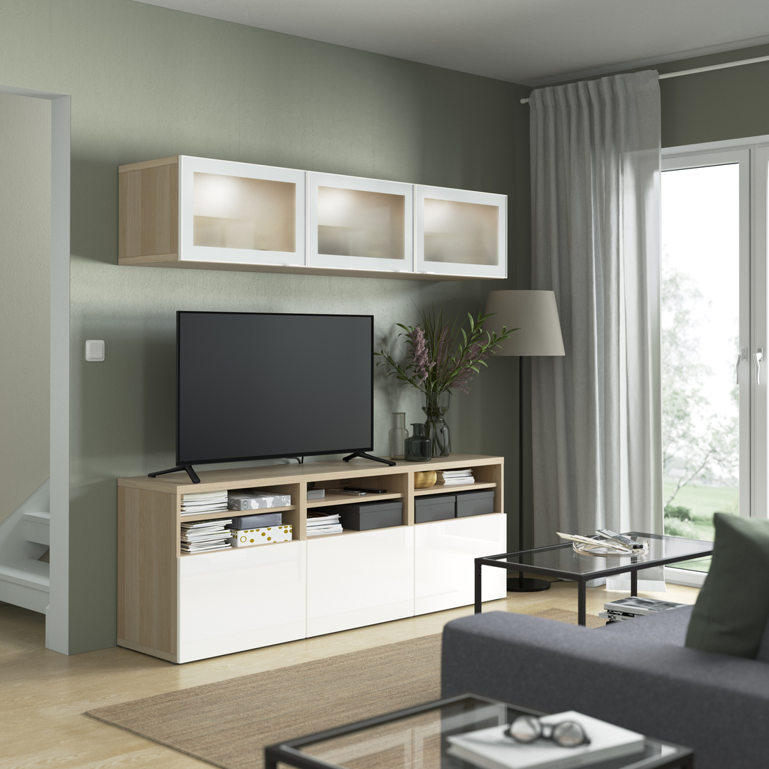 BESTÅ, mueble TV con riel para cajón, cierre suave. 2 de 11 open dialog